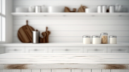 White wooden texture table top on blurred kitchen window background. Interior furniture. For showcase or montage your items (or foods). Product display mock up. Generative AI