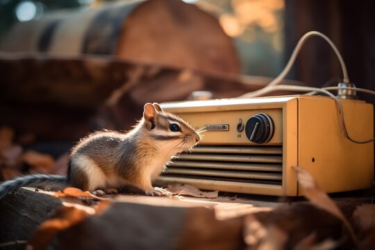 a little chipmunk found an old radio lost by someone, ai tools generated image