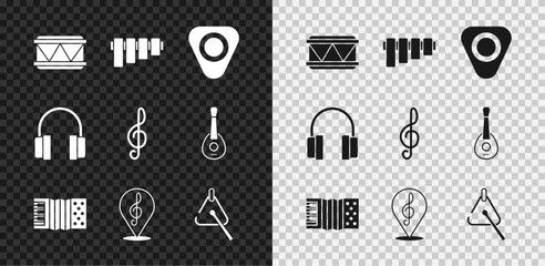 Set Drum, Pan flute, Guitar pick, Accordion, Treble clef, Triangle, Headphones and icon. Vector