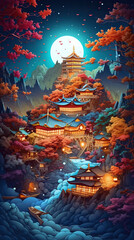 Chinese temple in the forest at night with full moon. illustration Generative AI