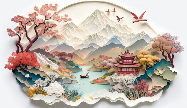 Paper art landscape with red pagoda, lake, mountains and birds, Generative AI