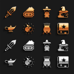 Set Poison apple, Witch, Ancient magic book, cauldron, Magic lamp or Aladdin, Wizard warlock, Medieval sword and Ticket icon. Vector