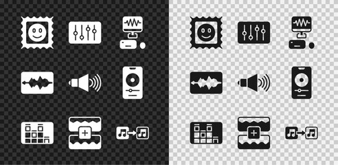 Fototapeta premium Set LSD acid mark, Sound mixer controller, Music recording studio, equalizer, wave, note, tone, and Speaker volume icon. Vector