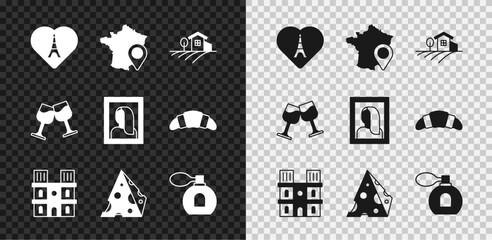 Set Eiffel tower with heart, Map of France, Village landscape, Notre Dame de Paris, Cheese, Perfume, Wine glass and Portrait picture museum icon. Vector