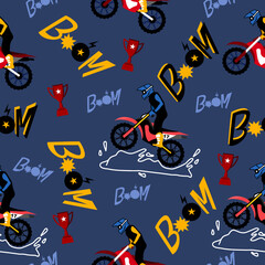 Motorbike truck  cartoon pattern design .motorcycle extreme pattern for kids clothing, printing, fabric ,cover.motorcycle extreme dirty seamless pattern.motorcycle extreme on dark background.