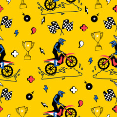 Motorbike truck  cartoon pattern design .motorcycle extreme pattern for kids clothing, printing, fabric ,cover.motorcycle extreme dirty seamless pattern.motorcycle extreme on yellow background.
