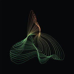 Abstract vector geometric Illustration of flowing distorted triangular green and orange lines on black background. 
Digital future technology concept design.