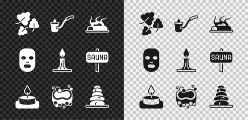 Set Oak leaf, Sauna ladle, Campfire, Aroma candle, Bar of soap, Stack hot stones, Facial cosmetic mask and Burning icon. Vector