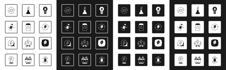 Set Light bulb with leaf, Recycle bin, The problem of pollution, Leaf Eco symbol, Plant breeding, and icon. Vector