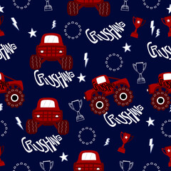 Monster truck  cartoon pattern design .monster truck pattern for kids clothing, printing, fabric ,cover.Monster car seamless pattern.Monster truck on yellow background.