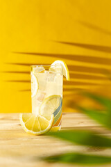 Vertical frontal view of a lemonade glass with ice cubes and palm leaf shadow over a wooden table