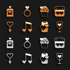 Set Music note, tone with hearts, Calendar, Glass of champagne, Dating app online mobile, Female gender symbol, Wedding cake, Perfume and rings icon. Vector
