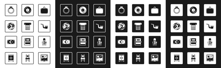 Set Suitcase, Ancient column, coin, Gold ring, Smoking pipe, Vinyl disk, Microphone and Stacks paper money cash icon. Vector