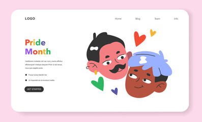 Cheerful male characters, gay couple celebrate pride month web banner