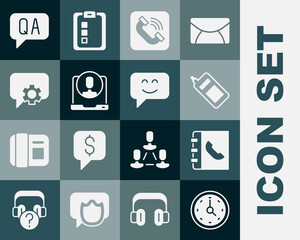 Set Clock, Phone book, Mobile phone, Telephone handset, 24 hours support, Question Answer and Smile face icon. Vector
