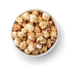 Top view of fresh caramel popcorn in ceramic bowl