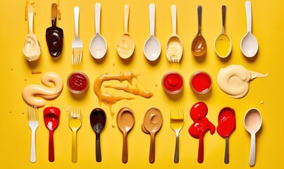  a group of spoons with different types of sauce on them.  generative ai