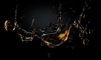  a glass of wine with bubbles in the air on a black background.  generative ai