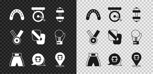 Set Mouth guard boxer, Boxing gong, Dumbbell, short, helmet, Medal and training paws icon. Vector
