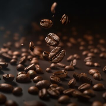 Coffee beans on a black background. Roasted coffee beans falling down. generative ai © amrets