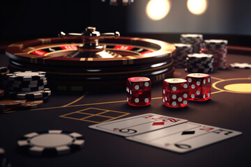 Casino concept with abstract gambling objects. Dark casino room with roulette, cards and dices. Generative AI.