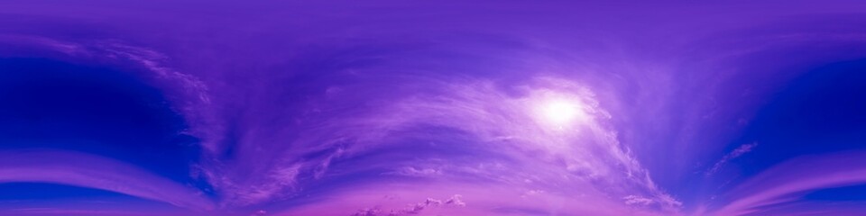 Blue magenta sky panorama with Cirrus clouds in Seamless spherical equirectangular format. Full...