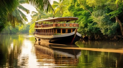 A Cruise Ship The Mekong Delta In Vietnam With Lush Greenery And Traditional Boats. Generative AI