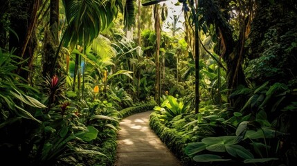 Fototapeta na wymiar A Trail Through A Tropical Jungle With Vibrant Plants. Generative AI