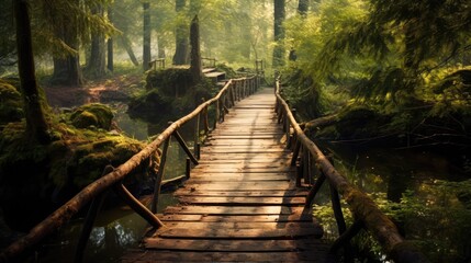A Wooden Bridge Trail Over A River. Generative AI