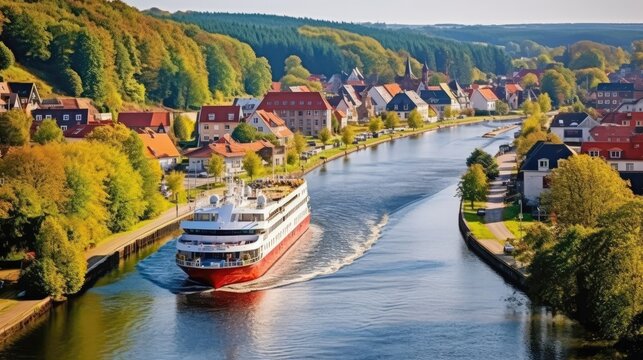 Cruise Ship Passing Through Picturesque Kiel Canal In Germany With Scenic Countryside. Generative AI