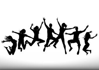 Fototapeta na wymiar A group of young people jumping into the air. All people are individual objects. Vector illustration.