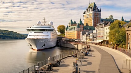 A Cruise Ship Docked At The Historic Port Of Quebec City With Towering City Walls. Generative AI