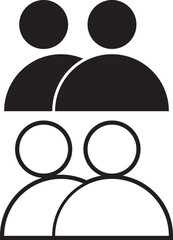 The 2 people icon on the left, solid and outline vector black illustration on a white background