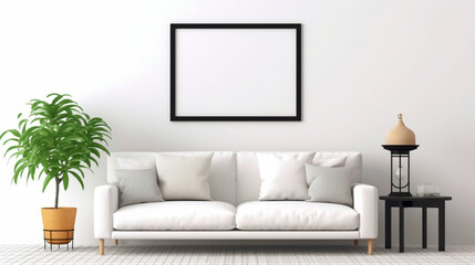 Blank Picture Frame Mockup on White Wall: Minimalist Living Room Decor. Generative AI.