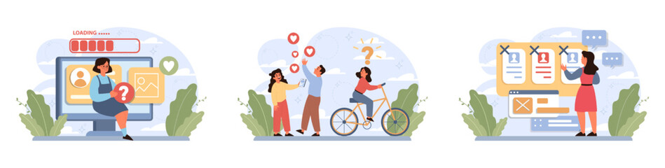 Children in social media set. Kid with phone or laptop surfing social