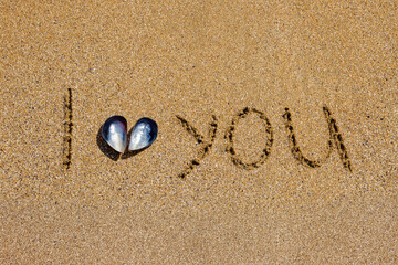 Fototapeta na wymiar Shells on the sand in the shape of a heart on the background of the sea. The inscription I love you