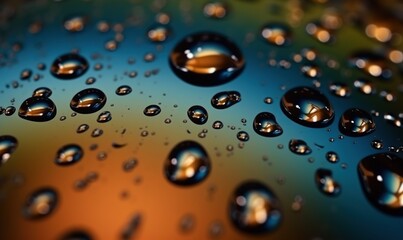  a close up of water droplets on a blue and yellow surface.  generative ai