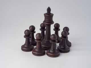 Set of wooden chessboard with chess pieces isolated on white background