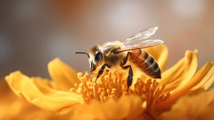 Honey bee on beautiful yellow flower AI generative  - obrazy, fototapety, plakaty