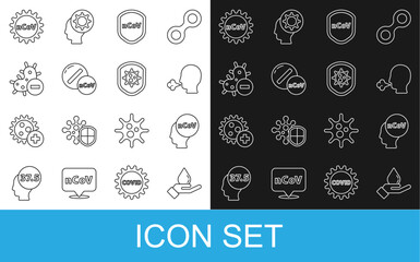 Set line Washing hands with soap, Corona virus 2019-nCoV, Man coughing, Shield protecting from, Medicine pill tablet, Negative, and icon. Vector