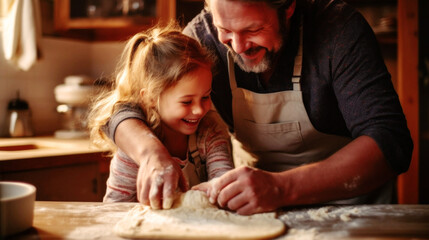 Obraz na płótnie Canvas In a warm kitchen, a loving father shares a hearty laugh with his daughter as they cook together, their matching aprons the emblem of shared joy. Generative AI