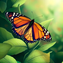 Butterfly on green leaves and green forest, generative ai, nature background