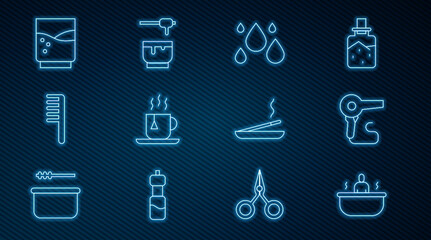Set line Bathtub, Hair dryer, Water drop, Cup of tea with tea bag, Hairbrush, Glass water, Scented spa stick and Honey dipper and bowl icon. Vector