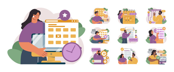 Schedule management set. Character planning or checking task