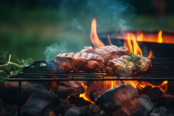 Steaks are grilled with vegetables on a grill outside on a sunny day. Summer barbecue party concept. Generative AI
