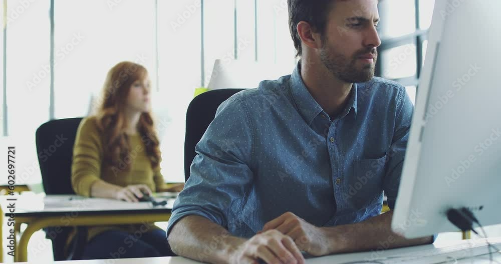 Poster Computer, research man or programmer working for cybersecurity, app coding or data analysis in office. Hacker, developer or employee on tech for software code, programming or startup analytics review