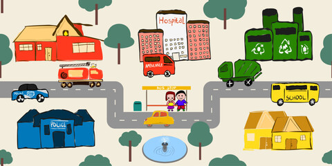 Colorful Hand Drawn City Road Doodles. Seamless Car traffic elements Illustrations and Vector Patterns for Kids Transportation Art and Design