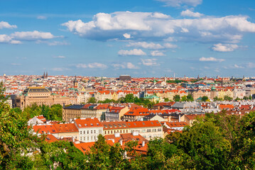 Panoramic view of Prague city center skyline from Petrin Hill