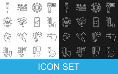 Set line Digital thermometer, Checking body temperature, Meteorology, Sun, Medical, and Celsius icon. Vector