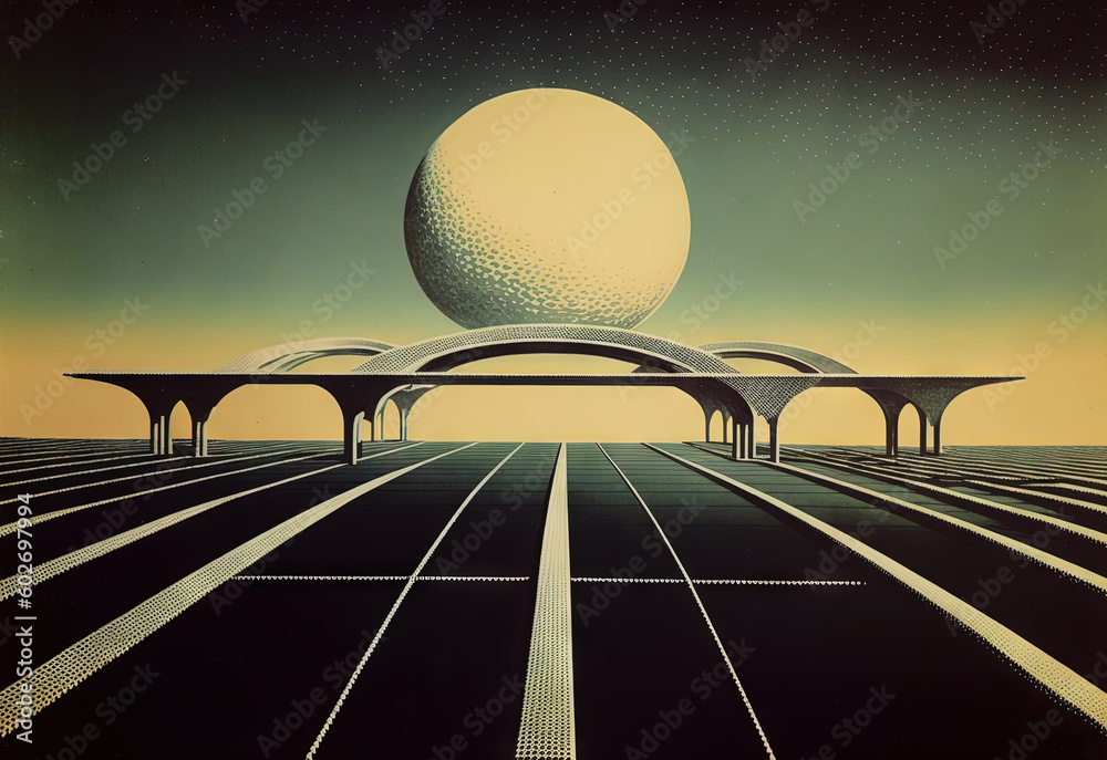 Poster Retrofuturistic landscape in 80s sci-fi style. Retro science fiction scene with futuristic buildings. Generated AI. Generative AI